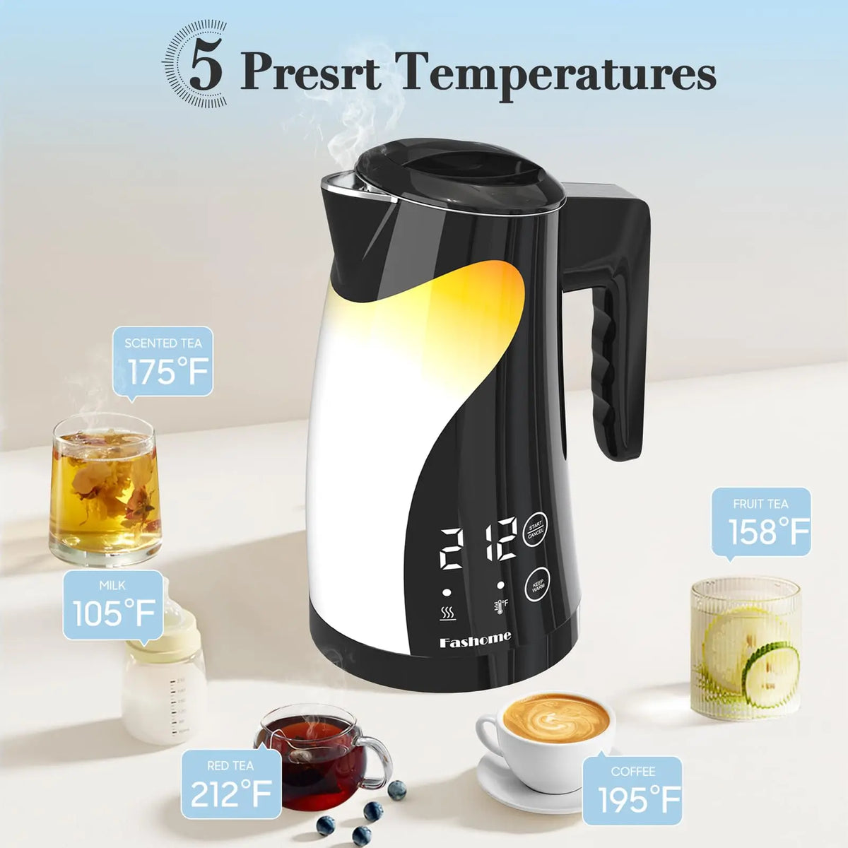 1200W Temperature Control Electric Kettle, 1.25L Stainless Steel Electric Teapot, 2 Hour Keep Warm, Automatic Shut Off, Boil-Dry Protection, Digital LED Display, Fast Boiling Tea Kettle & Hot Water Boiler
