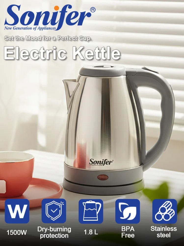 Sonifer SF-2048 Electric Kettle 1.8L Stainless Steel Fast Boiling Tea Pot 1500W Auto-Off Anti-Dry Safety Protection 360 Cordless
