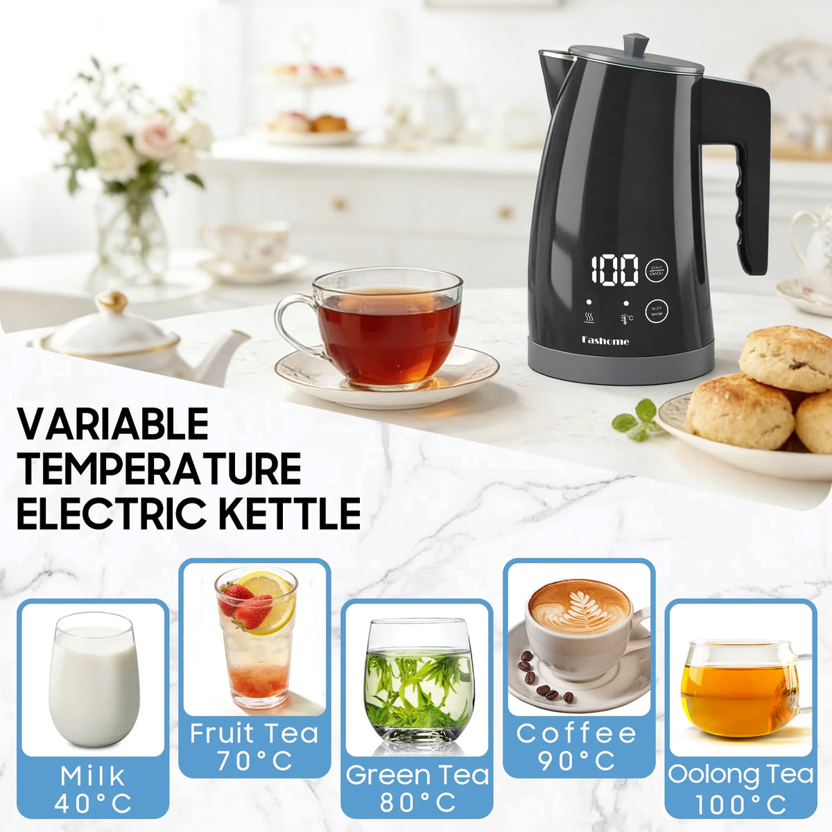 1.25L Electric Kettle Temperature Control, 1200W Fast Boil Electric Tea Kettle, Digital LED Display, 304 Stainless Steel Inner, Auto Shut Off, 2Hour Keep Warm, Hot Water Boiler For Coffee & Tea